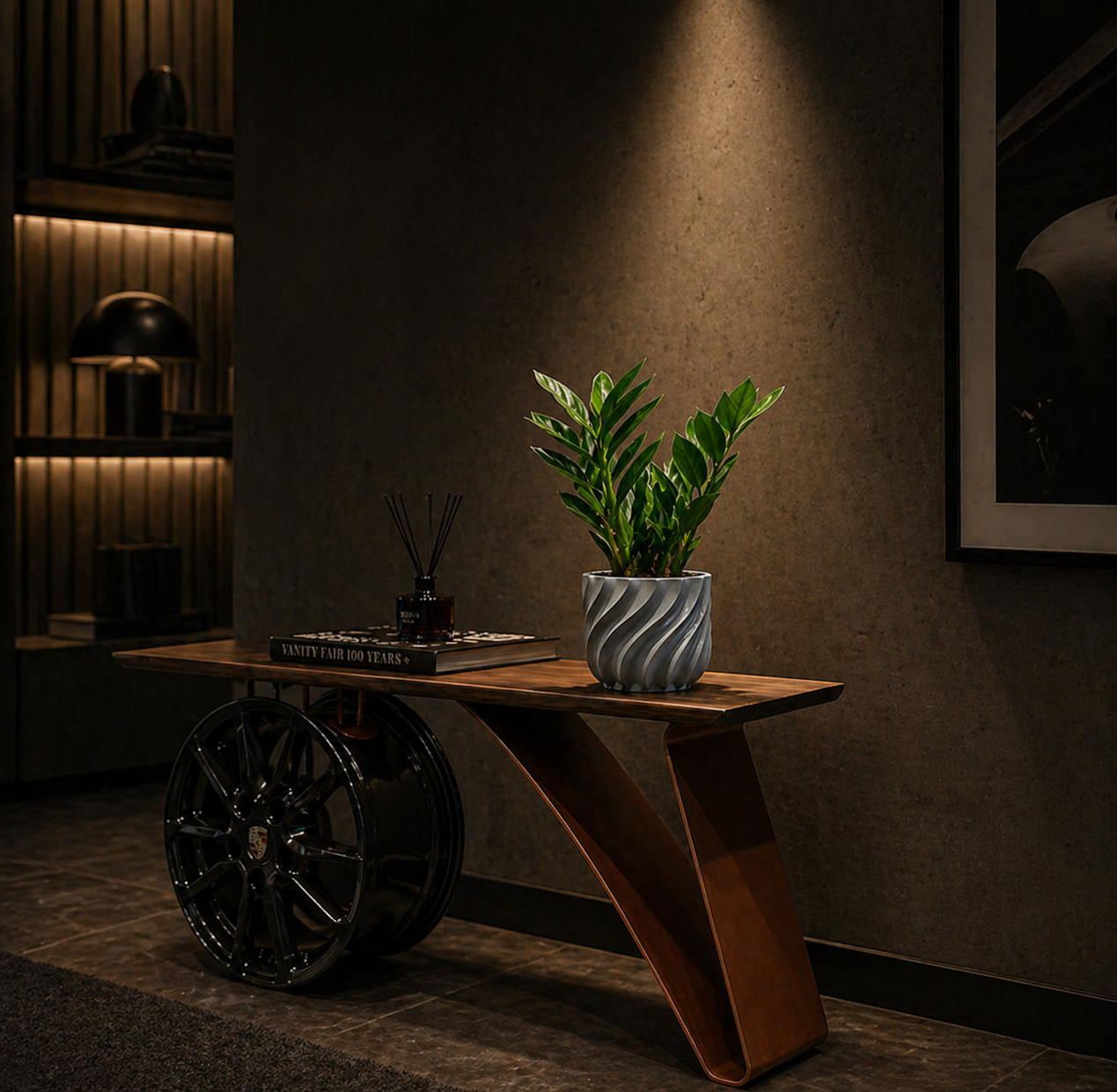 3d-printed-planter-grey Grey 3D printed planter with textured spiral design on a modern console table in a moody interior